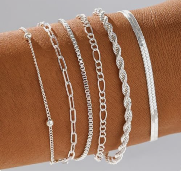 Silver Bracelets for Women,14K Real Gold Plated Bracelets Stack Trendy Jewelry Sets Stackable Snake Chain Figaro Paperclip Link Chain Adjustable Bracelet Pack Jewelry for Women